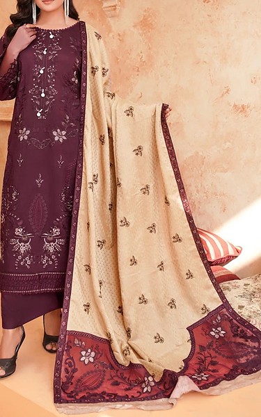 Marjjan Wine Berry Viscose Suit | Pakistani Winter Dresses in USA- Image 1