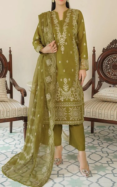 Marjjan Olive Green Viscose Suit | Pakistani Winter Dresses in USA- Image 1