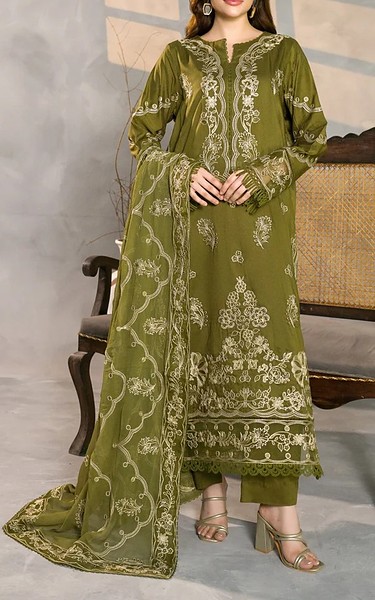 Marjjan Olive Green Viscose Suit | Pakistani Winter Dresses in USA- Image 1