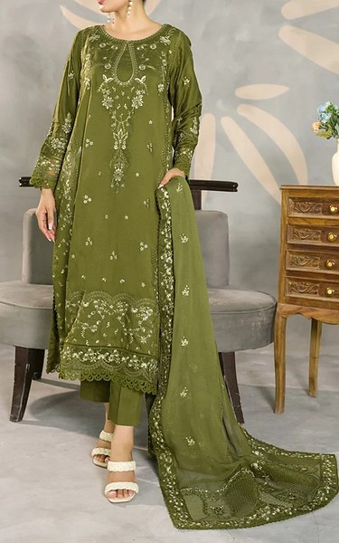 Marjjan Olive Green Viscose Suit | Pakistani Winter Dresses in USA- Image 1