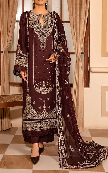Marjjan Wine Berry Viscose Suit | Pakistani Winter Dresses in USA- Image 1