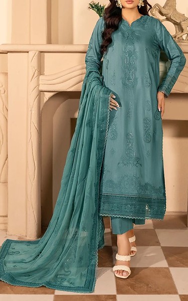 Marjjan Teal Viscose Suit | Pakistani Winter Dresses in USA- Image 1