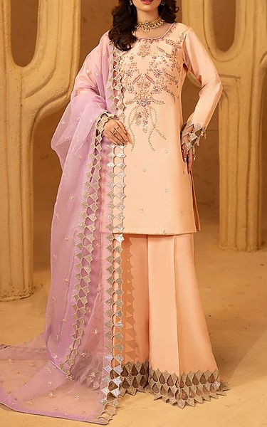 Maryams Peach Organza Suit | Pakistani Embroidered Chiffon Dresses USA- Image 1