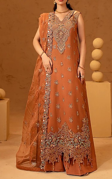 Maryams Bright Orange Organza Suit | Pakistani Embroidered Chiffon Dresses USA- Image 1