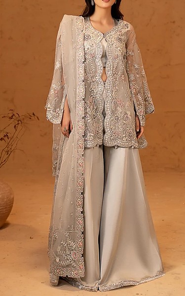 Maryams Grey Organza Suit | Pakistani Embroidered Chiffon Dresses USA- Image 1