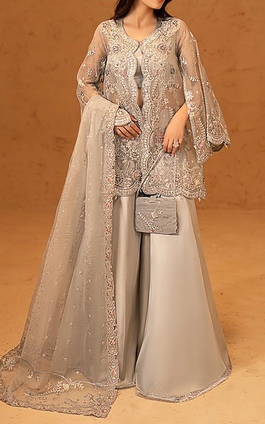 Maryams Grey Organza Suit | Pakistani Embroidered Chiffon Dresses USA- Image 2