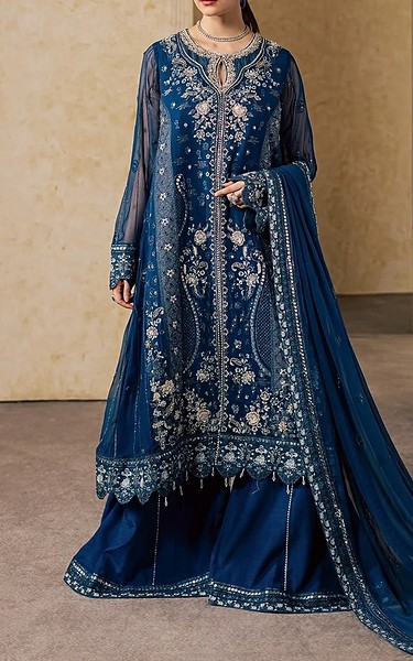 Maryum n Maria Teal Organza Suit | Pakistani Embroidered Chiffon Dresses USA- Image 1
