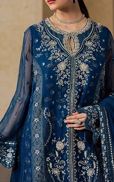 Maryum n Maria Teal Organza Suit | Pakistani Embroidered Chiffon Dresses USA- Image 2