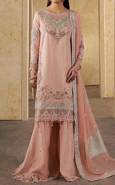 Maryum n Maria Light Pink Silk Organza Suit | Pakistani Embroidered Chiffon Dresses USA- Image 1