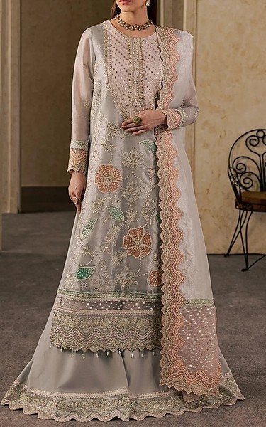 Maryum n Maria Grey Zari Tissue Suit | Pakistani Embroidered Chiffon Dresses USA- Image 1