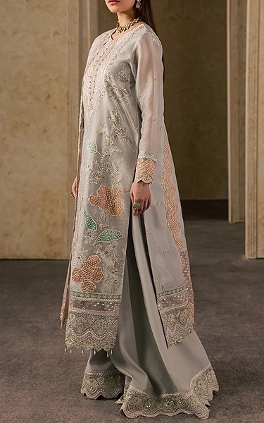 Maryum n Maria Grey Zari Tissue Suit | Pakistani Embroidered Chiffon Dresses USA- Image 3
