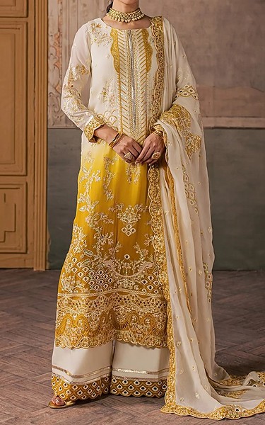 Maryum n Maria Off White/Mustard Organza Suit | Pakistani Embroidered Chiffon Dresses USA- Image 1