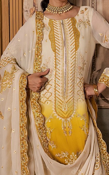 Maryum n Maria Off White/Mustard Organza Suit | Pakistani Embroidered Chiffon Dresses USA- Image 2