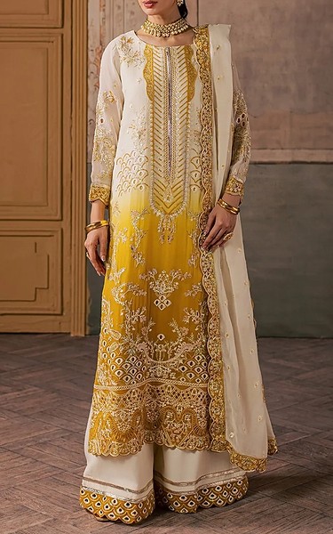 Maryum n Maria Off White/Mustard Organza Suit | Pakistani Embroidered Chiffon Dresses USA- Image 3