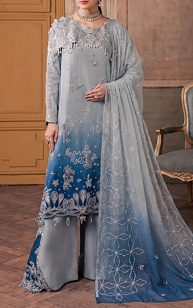 Maryum n Maria Dusty Grey/Blue Organza Suit | Pakistani Embroidered Chiffon Dresses USA- Image 1