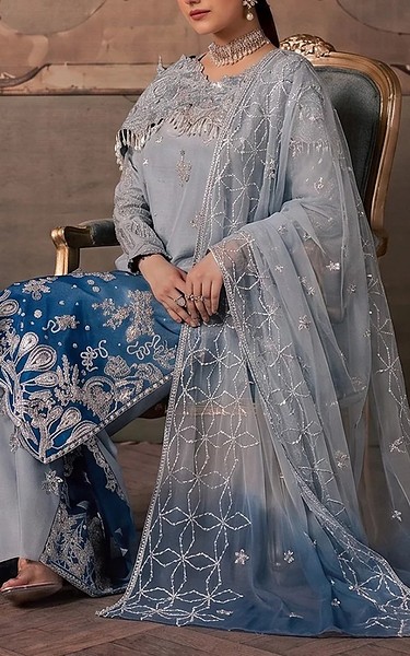 Maryum n Maria Dusty Grey/Blue Organza Suit | Pakistani Embroidered Chiffon Dresses USA- Image 2