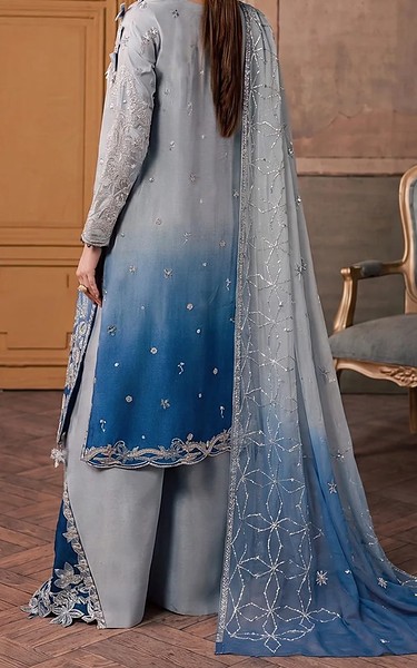 Maryum n Maria Dusty Grey/Blue Organza Suit | Pakistani Embroidered Chiffon Dresses USA- Image 3