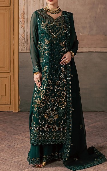 Maryum n Maria Bottle Green Chiffon Suit | Pakistani Embroidered Chiffon Dresses USA- Image 1