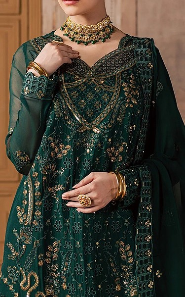 Maryum n Maria Bottle Green Chiffon Suit | Pakistani Embroidered Chiffon Dresses USA- Image 3