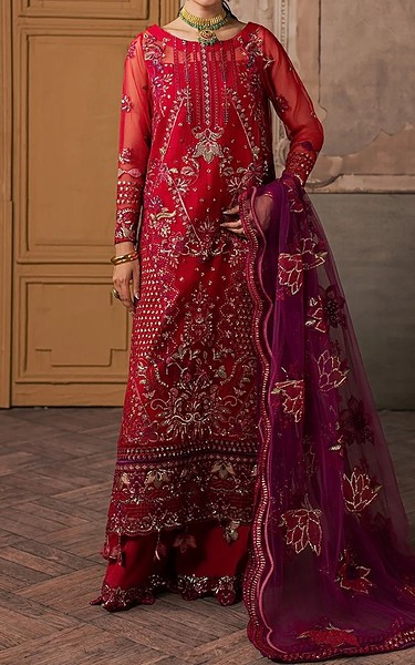 Maryum n Maria Scarlet Organza Suit | Pakistani Embroidered Chiffon Dresses USA- Image 1