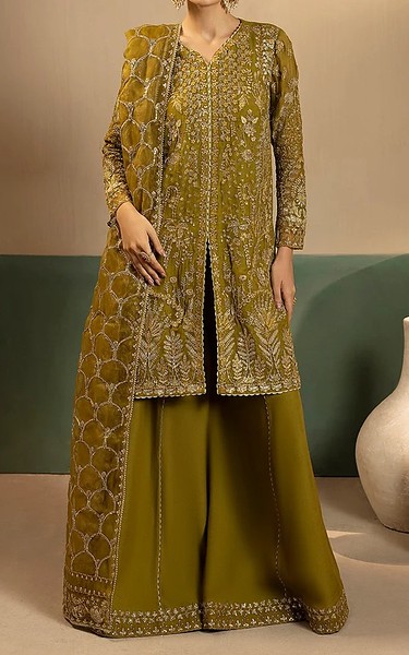 Motifz Olive Green Chiffon Suit | Pakistani Embroidered Chiffon Dresses USA- Image 1