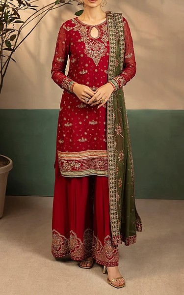 Motifz Wine Red Chiffon Kurti | Pakistani Embroidered Chiffon Dresses USA- Image 1