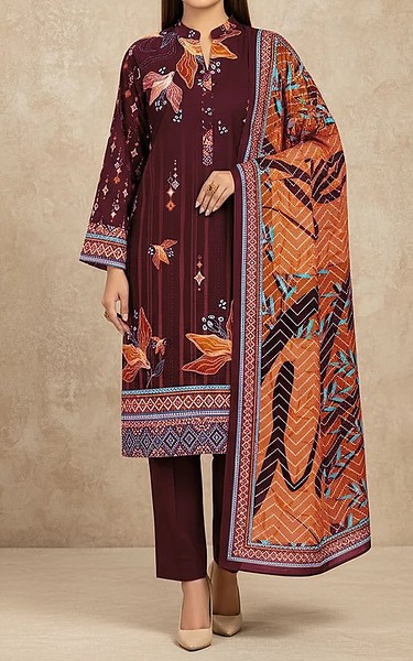 Motifz Wine Berry Khaddar Suit | Pakistani Winter Dresses in USA- Image 1