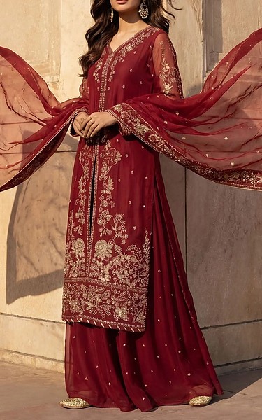 Motifz Maroon Chiffon Suit | Pakistani Embroidered Chiffon Dresses USA- Image 3