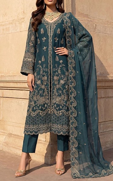 Motifz Teal Chiffon Suit | Pakistani Embroidered Chiffon Dresses USA- Image 1