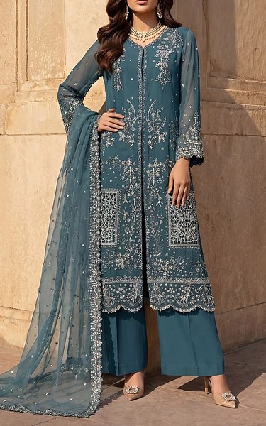 Motifz Cadet Blue Chiffon Suit | Pakistani Embroidered Chiffon Dresses USA- Image 1
