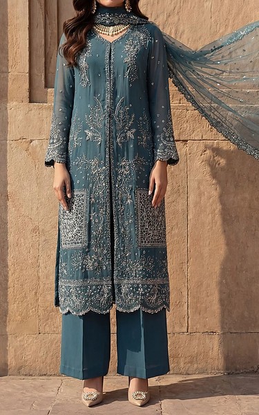 Motifz Cadet Blue Chiffon Suit | Pakistani Embroidered Chiffon Dresses USA- Image 3