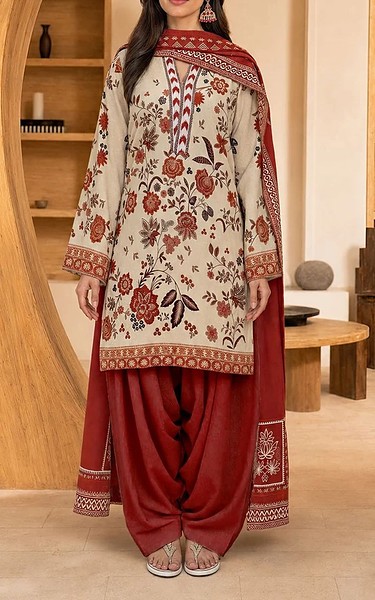 Motifz Beige/Falu Red Khaddar Suit | Pakistani Winter Dresses in USA- Image 1