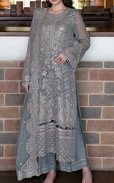Motifz Grey Chiffon Suit | Pakistani Embroidered Chiffon Dresses USA- Image 1