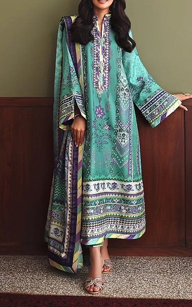 Mushq Sea Green Raw Silk Suit | Pakistani Embroidered Chiffon Dresses USA- Image 1