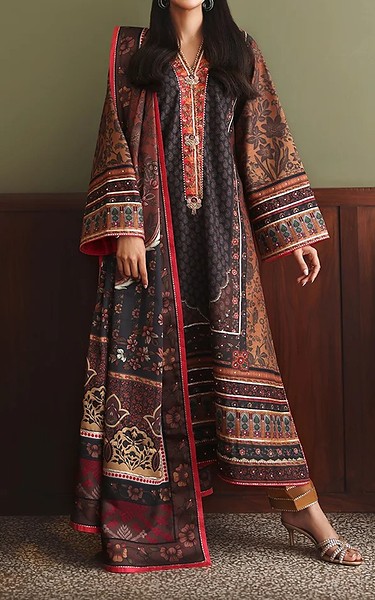 Mushq Brown/Black Raw Silk Suit | Pakistani Embroidered Chiffon Dresses USA- Image 1