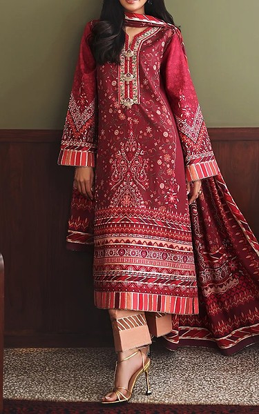 Mushq Bright Red Raw Silk Suit | Pakistani Embroidered Chiffon Dresses USA- Image 1