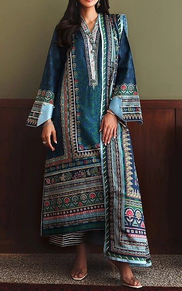 Mushq Teal Raw Silk Suit | Pakistani Embroidered Chiffon Dresses USA- Image 1