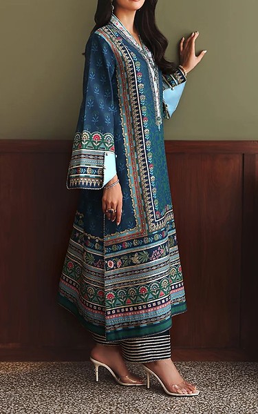 Mushq Teal Raw Silk Suit | Pakistani Embroidered Chiffon Dresses USA- Image 2