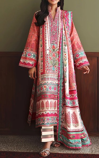 Mushq Coral Raw Silk Suit | Pakistani Embroidered Chiffon Dresses USA- Image 1