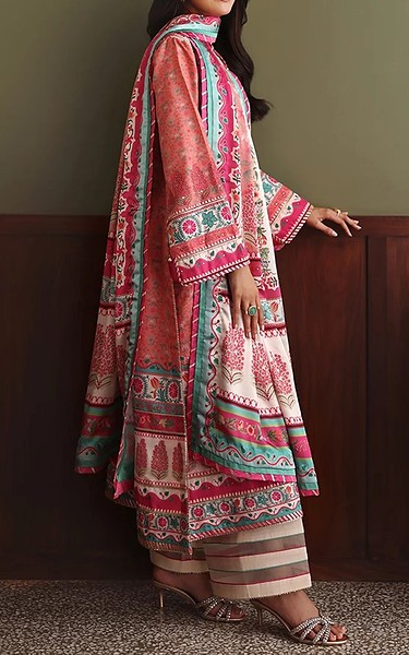 Mushq Coral Raw Silk Suit | Pakistani Embroidered Chiffon Dresses USA- Image 2