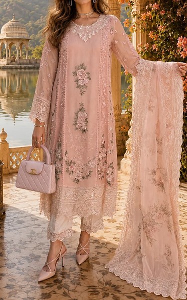 Saadia Asad Sea Pink Chiffon Suit | Pakistani Embroidered Chiffon Dresses USA- Image 1