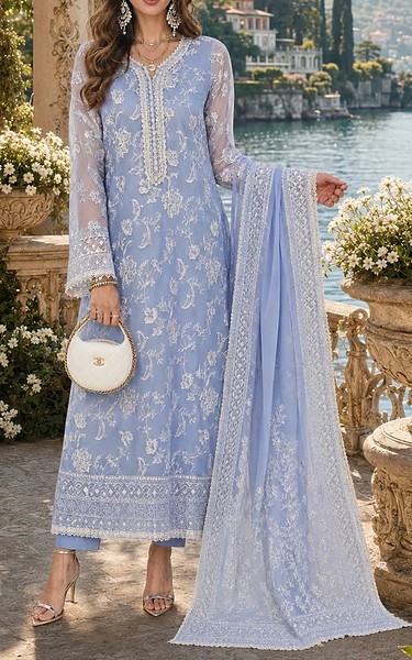 Saadia Asad Dark Pastel Blue Organza Suit | Pakistani Embroidered Chiffon Dresses USA- Image 1