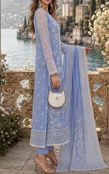 Saadia Asad Dark Pastel Blue Organza Suit | Pakistani Embroidered Chiffon Dresses USA- Image 2