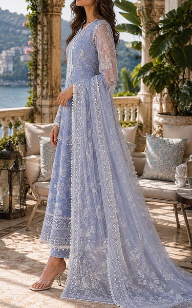 Saadia Asad Dark Pastel Blue Organza Suit | Pakistani Embroidered Chiffon Dresses USA- Image 3