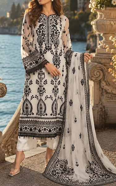 Saadia Asad Off White/Black Organza Suit | Pakistani Embroidered Chiffon Dresses USA- Image 1