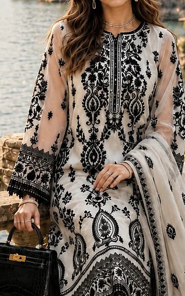 Saadia Asad Off White/Black Organza Suit | Pakistani Embroidered Chiffon Dresses USA- Image 2