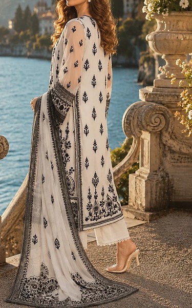 Saadia Asad Off White/Black Organza Suit | Pakistani Embroidered Chiffon Dresses USA- Image 3