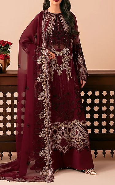 Ramsha Wine Chiffon Suit | Pakistani Embroidered Chiffon Dresses USA- Image 1