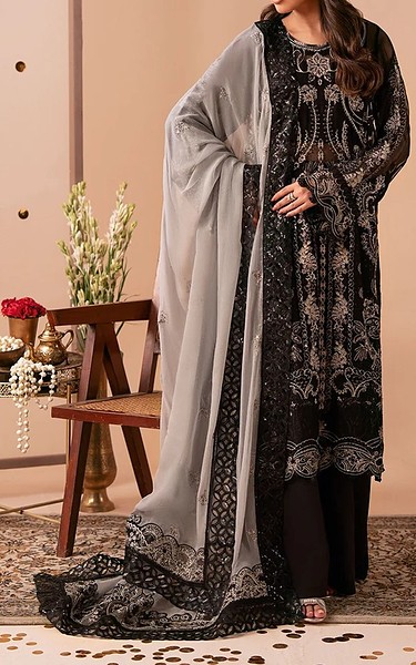 Ramsha Black Chiffon Suit | Pakistani Embroidered Chiffon Dresses USA- Image 1
