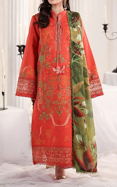 Rang Rasiya Coral Red Lawn Suit | Pakistani Lawn Dress in USA- Image 1